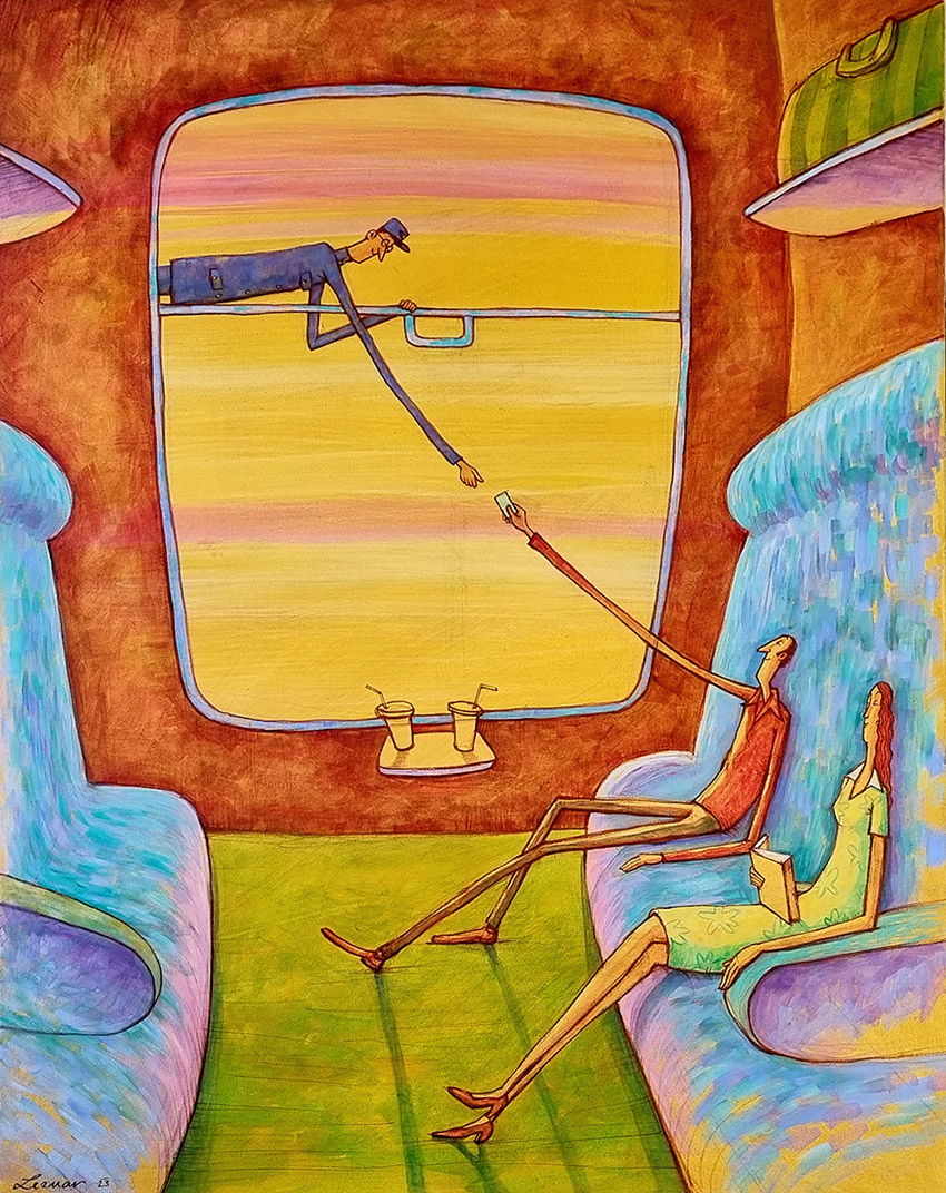 Jízdenky prosím, akryl + olej na plátně 80 x 100 cm